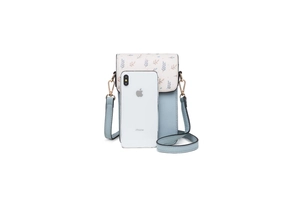 Vue détaillée du mini sac bandoulière avec motif floral et comparaison de taille iPhone