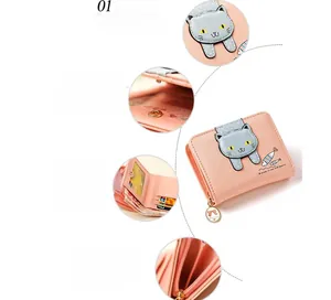 Pink short wallet with cute cat embroidery and internal accordion card slots