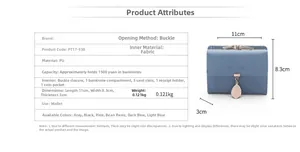 Blue PU leather tri-fold wallet details showing size 11x8.3x3cm and leaf pendant