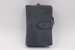 Detail of a dark gray frosted leather wallet featuring a snap buckle and metal side zipper