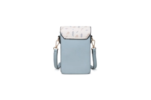 Détail du mini sac de téléphone en similicuir bleu clair avec rabat à imprimé floral