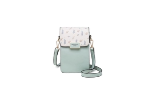 Détails du sac de téléphone vert menthe avec imprimé feuille et boucle dorée