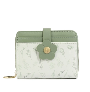 Detail of floral PU leather wallet with green buckle and golden leaf embossed button