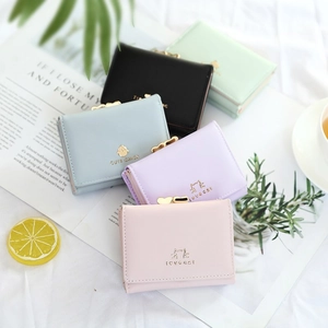 Short cute PU leather trifold wallet for women featuring a cat logo in five pastel colors