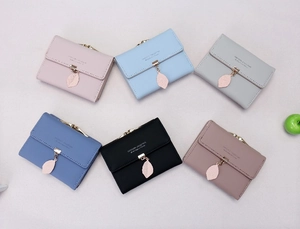 Multiple color options for short leaf pendant wallets including pink, blue, and black