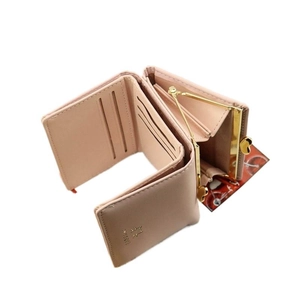 Pink PU leather tri-fold cat wallet with gold coin frame and card slots for women