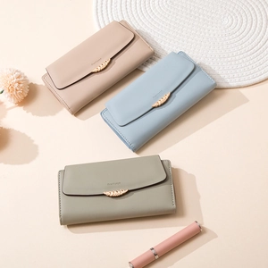 Women's Long PU Leather Wallet Elegant Litchi Pattern Multi-Card Slot Clutch Purse With Leaf Metal Buckle Daily Use Fashion Purse