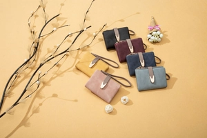 Detailed view of long vintage frosted wallets in six colors with stylish metal clasps