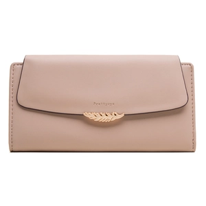 Long pink PU leather wallet for women with golden feather charm and snap closure