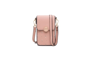 Dettaglio della borsa porta cellulare rosa con motivo floreale e fibbia in metallo