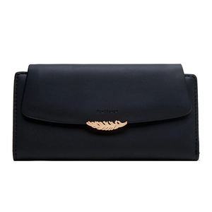 Close-up of black PU leather long wallet featuring a decorative gold feather buckle