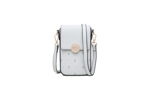 Dettaglio borsa porta cellulare in pelle PU grigio chiaro con fiori e fibbia dorata