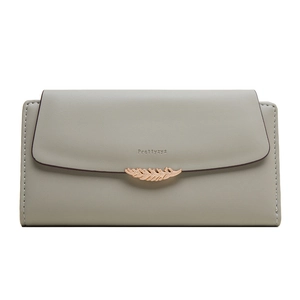 Close-up of grayish green PU leather wallet with golden leaf clasp and fine stitching