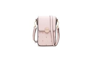 Dettaglio borsa porta cellulare rosa chiaro con chiusura dorata e stampa floreale