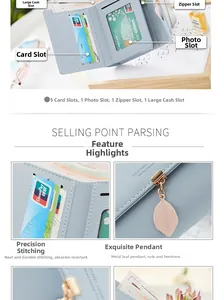 Pale blue tri-fold PU leather wallet detailing 5 card slots and a metal leaf zipper charm