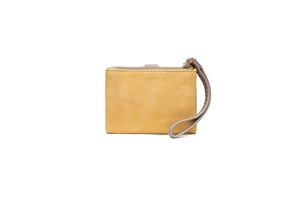 Detail of yellow matte leather wallet with grey braided wristlet and gold hardware