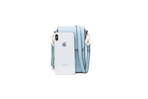 Vista dettagliata della borsa porta cellulare azzurra con stampa floreale e tracolla