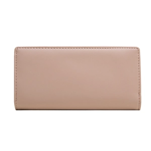 Detailed close-up of light pink long PU leather wallet with neat stitching craftsmanship