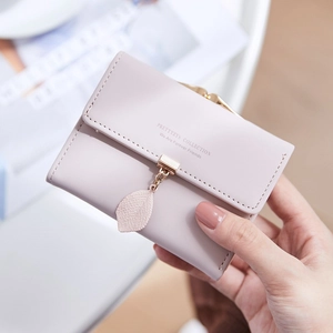Women Short Trifold Wallet PU Leather Leaf Pendant Snap Closure Coin Purse Multi Card Slots For Girls Sweet Minimalist