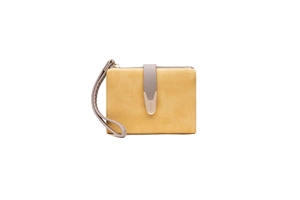 Close-up of matte yellow wallet with grey woven handle and engraved metal buckle detail
