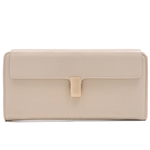 Close-up of beige long wallet featuring heart buckle detail and premium textured leather