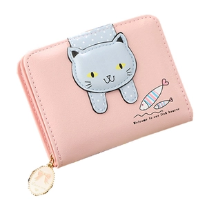 Rosa PU-Leder Kurzgeldbörse mit Cartoon-Katzen-Design und goldenem Reißverschluss-Anhänger
