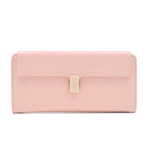 Close-up of pink faux crocodile skin texture and heart buckle on long wallet
