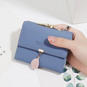 Light blue tri-fold PU leather wallet with gold bird buckle and leaf pendant decoration