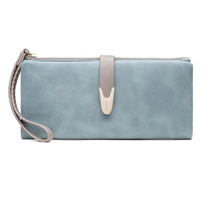 Detail of grey-blue matte PU leather wallet with woven wrist strap and golden metal buckle