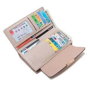 Long PU leather wallet for women with multiple card slots and light gold clasp in pale pink