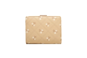 Close-up of beige PU leather wallet featuring diamond quilting and white floral prints