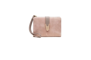 Close-up of matte pink short wallet with gold buckle and grey wrist strap detail
