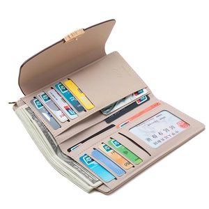 Long beige PU leather wallet for women with multiple card slots and gold clasp