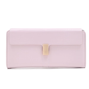 Macro shot of light pink long wallet featuring golden heart-shaped lock and stitching