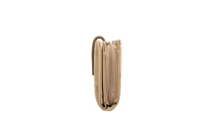 Detail of beige quilted PU leather wallet with floral print and layered zipper closure