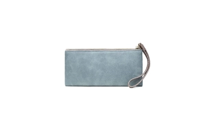 Close-up of matte dusty blue long wallet with a golden zipper and wrist strap
