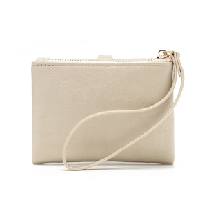 Mini beige leather wristlet wallet with gold zipper and portable strap for women