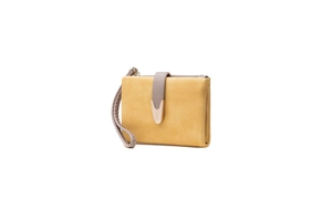 Detail view of yellow matte wallet featuring a grey woven strap and gold V-shaped buckle