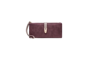 Detailed macro view of retro matte burgundy leather wallet with gold buckle and wrist strap