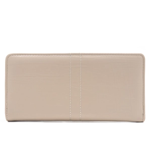 Detailed view of the glossy beige long wallet with elegant vertical stitching details