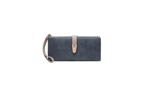 Detail of grey-blue suede long wallet featuring leaf-shaped golden clasp and wrist strap