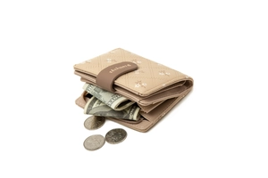 Detailed interior of the beige PU leather wallet with card slots and floral quilting