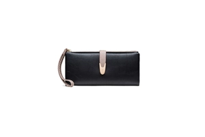 Detail view of the black matte PU leather wallet featuring light brown strap and metal buckle