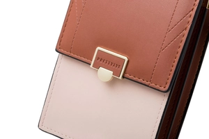 Detail of PU leather phone bag with contrast stitching and golden hardware buckle
