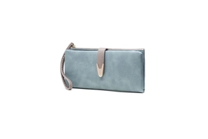 Macro view of blue frosted leather wallet with V-shaped metal buckle and wrist strap