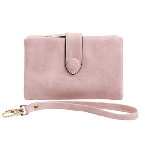 Pink minimalist frosted short trifold wallet for women with matching wristlet strap