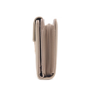 Side view of beige wallet showing accordion folds and metal zipper detail