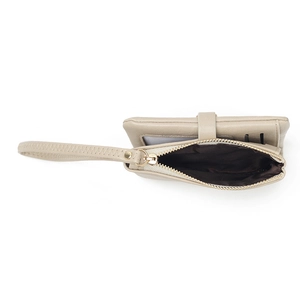 Minimalist beige short wallet for women featuring elegant flower embroidery and wrist strap