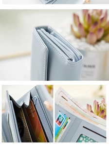 Detail showing inner card slots, zipper coin pocket and side view of light blue PU wallet