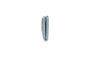Side view detail of light grey-blue matte PU wallet showing layered structure and clasp